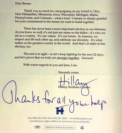 Zonotrichia's tweet image. Sanders did everything for Clinton that was physically possible. She recognized that in this letter to Bernie...