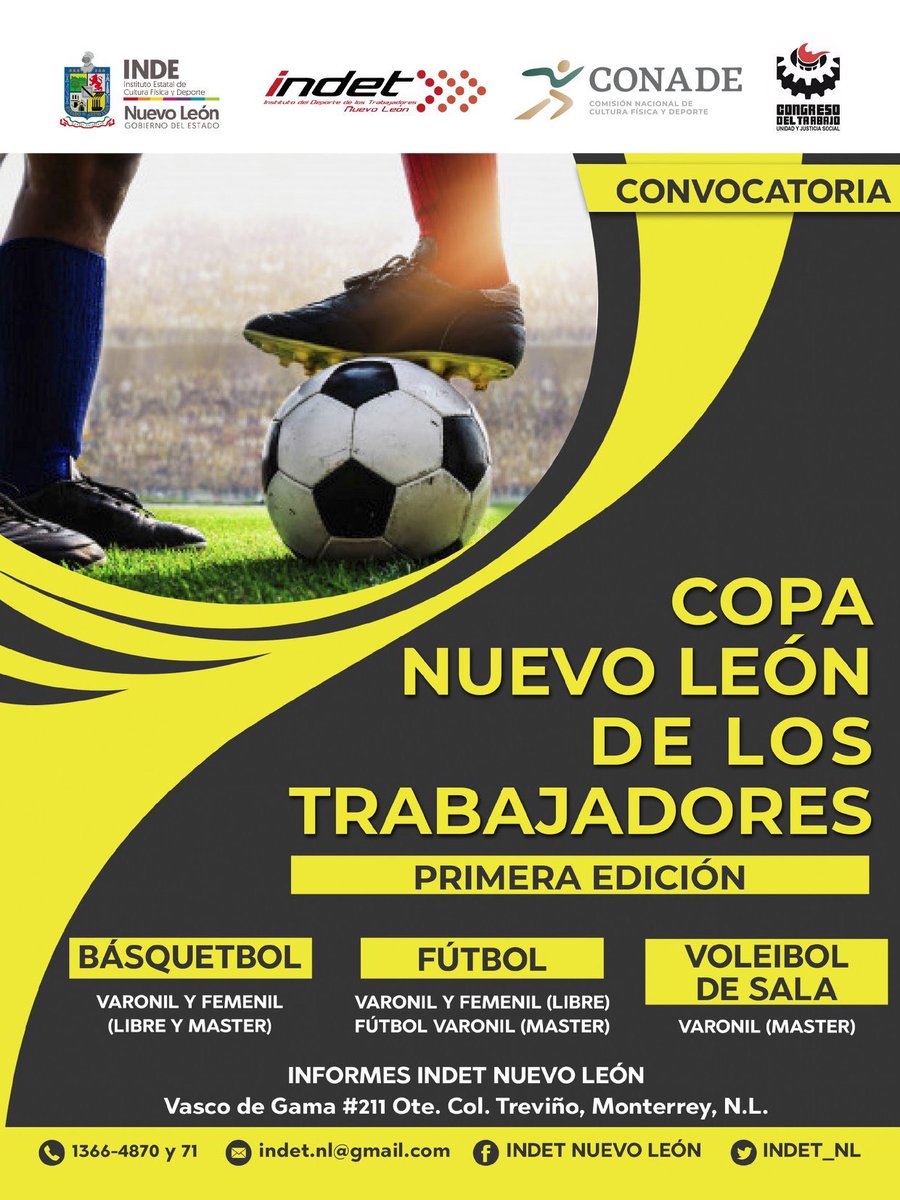 indet_nl's tweet photo. Copa Nuevo León de los trabajadores 2019 
-
El Congreso del Trabajo, a través del Instituto del Deporte de los Trabajadores, en coordinación con el Gobierno del Estado por conducto del Instituto Estatal de Cultura Física y Deporte.
CONVOCAN: A todos los trabajadores del Estado a: https://t.co/Ok698r3l6D