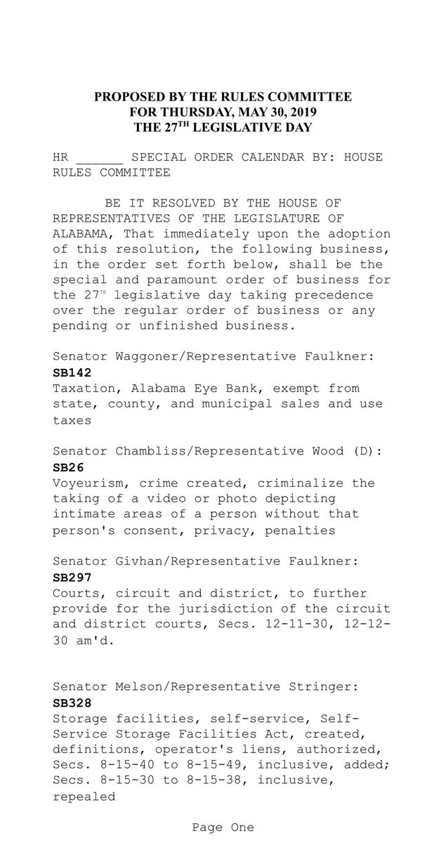 RepEngland70's tweet image. The House is still in session. Here is the calendar from which we are currently working. #alpolitics #specialordercalendar #Session2019 #itstimetosinedie #alabamalegislature