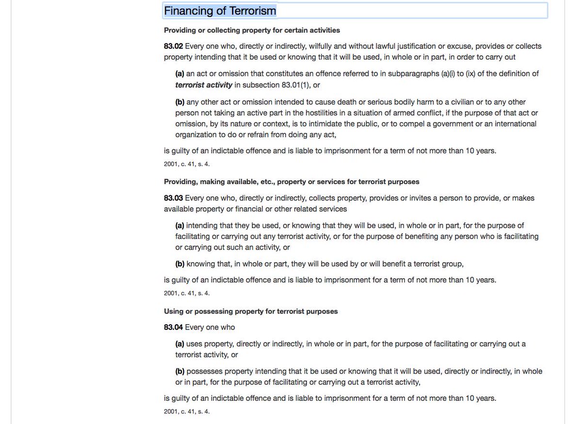7/ Every  Canadian  should be up in arms about this and should follow this closely. The Criminal Code of Canada states that funding terrorism is a criminal offence, as well as the facilitation of those funding terrorism.Contact your local MP to voice your concerns.