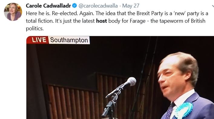 Carole Cadwalla describes the Brexit Party as “the latest host body for Farage - the tapeworm of British politics.”But it is important to remember populist nationalist leaders are not merely parasites.They also act as host bodies for the contagion of fascism & extremism.