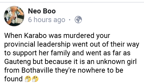 MhlanaAthenkosi's tweet photo. How we really don't matter to South Africa but come election,the campaigns madr..#JusticeForNaledi https://t.co/Kx6zCGuhZ2