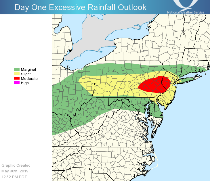 After a couple of days of moderate to heavy rain in/near much of  PA, today (Thursday) has an enhanced likelihood for even more excessive rainfall for this region, especially for areas in red.