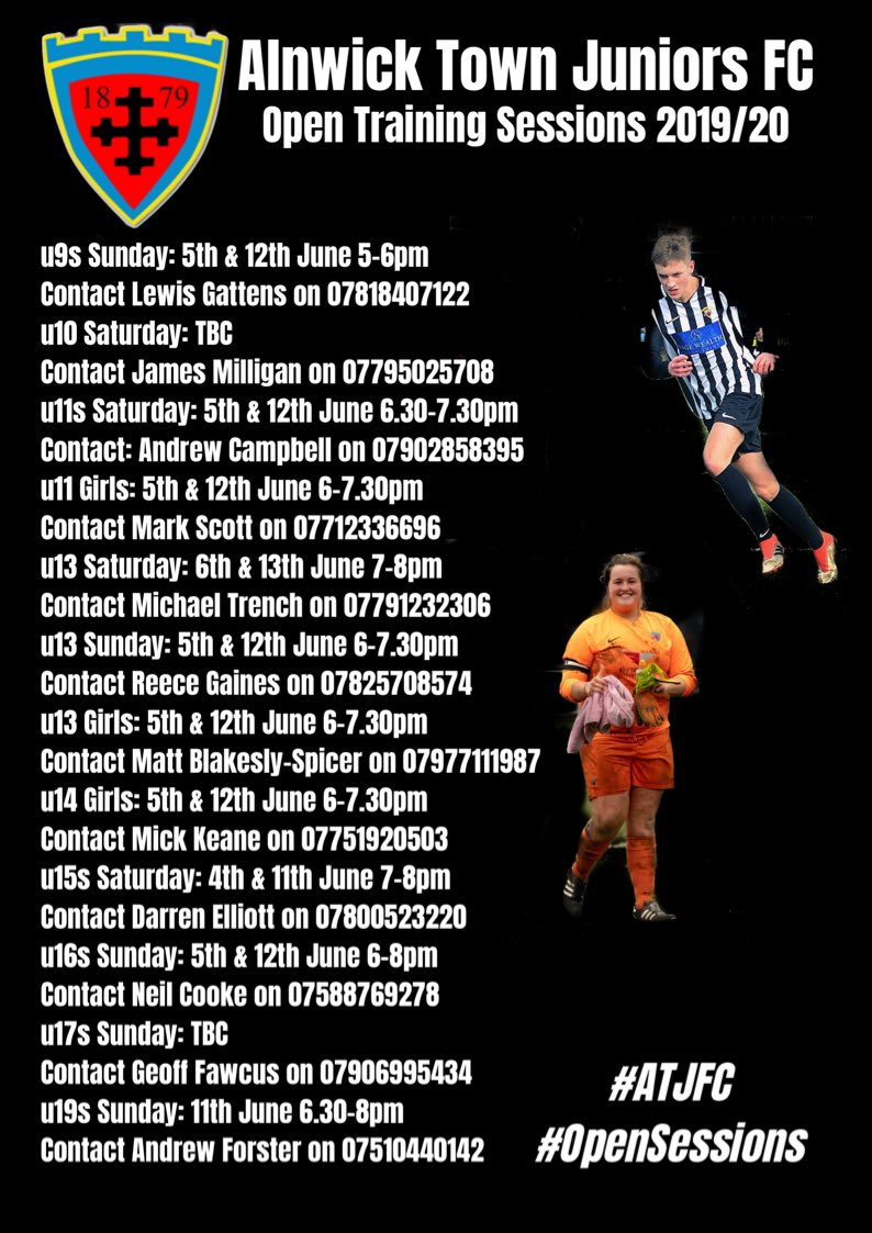⚫️⚪️| OPEN SESSIONS

Our club will be hosting open training sessions throughout the first two weeks of June for any potential players looking to join our ever growing group of teams.
Be sure to contact the relevant coach to register any interest
#ATJFC #OpenSessions #Recruitment