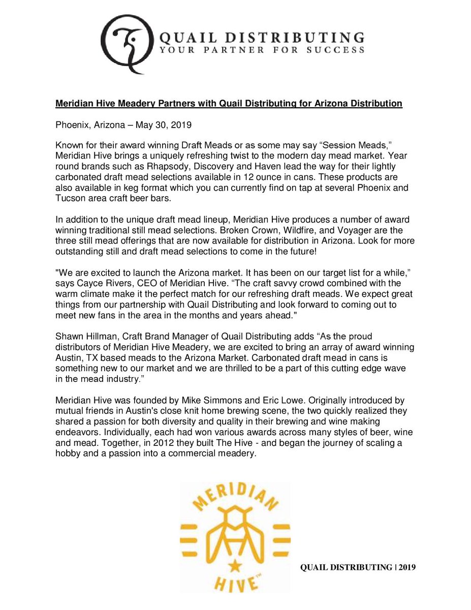 QuailCanFly's tweet photo. *******NEW CRAFT PARTNER ANNOUNCEMENT*******
Austin, TX based Meridian Hive Meadery Partners with Quail Distributing for Arizona Distribution! Look for Meridian Hive's award winning draft and still meads at a retailer or bar near you! @MeridianHive @QuailCanFly https://t.co/OpPxHGMWXT