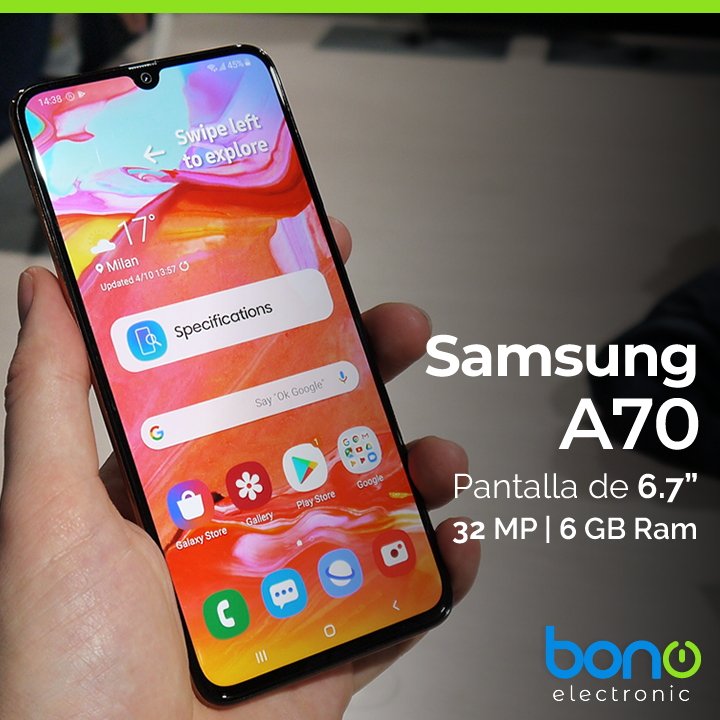 Bonoelectronic's tweet photo. Smartphone Samsung Galaxy A70
▶ Procesador Octa-Core 2GHz, 1.7GHz
▶ Pantalla Super AMOLED 6.7 pulgadas
▶ Cámara frontal de 32 MP
▶ Ram 6GB
▶ Almacenamiento 128GB
#tecnologia #venezuela #anzoategui #celularesnuevos https://t.co/3An0HUghHb