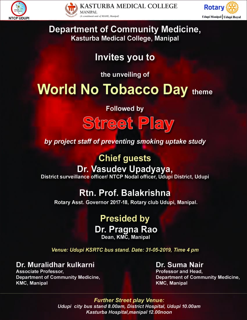 uk_mrc's tweet photo. We would like to cordially invite you for the Street Play on occasion of World No Tobacco Day @uk_mrc @MuralidharKulk8 @Radhika87417349 @Rohithbhagawath @Praveen33169758 @MullapudiSomya @ManipalTccp https://t.co/Y9cI1Y2TeU