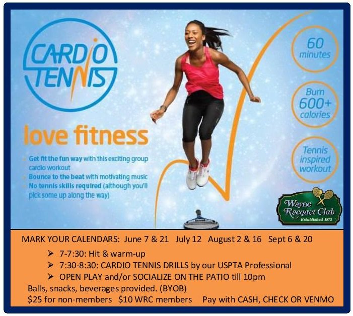 CARDIO TENNIS is coming to WAYNE NJ next Friday! Join in on this evening of socializing, music, snacks, fitness &amp; tennis. All skill levels welcome. meetup.com/The-Wayne-Tenn…