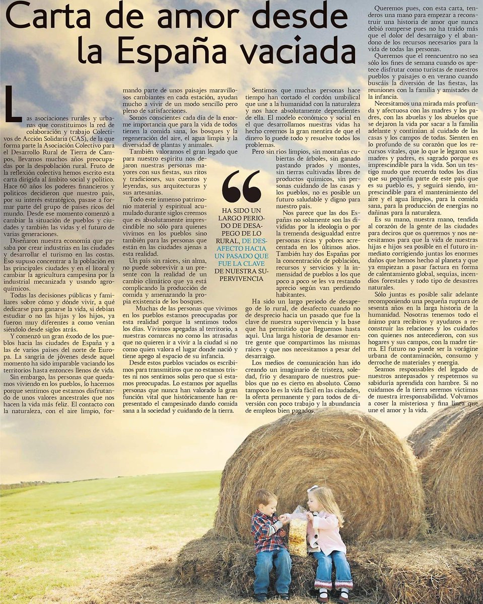 📢 Las asociaciones rurales y urbanas que constituimos la red Colectivos de Acción Solidaria (CAS), de la que forma parte el Colectivo Tierra de Campos , llevamos muchos años preocupadas por la despoblación rural.

📜 Leer la carta completa en: bit.ly/2JKDgn3