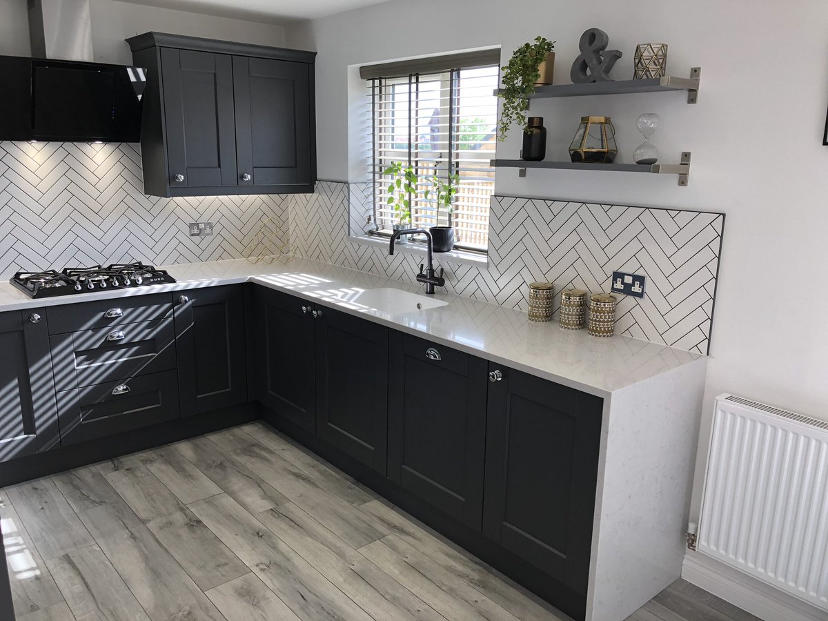 Stonebridge graphite kitchen with lagoon quartz worktops supplied &amp; fitted by prestige . Call us on 01977 264100 or call into our showroom in ferrybridge for a free design &amp; quote . prestigekb.co.uk #kitchendesign #kitchen #graphitekitchen #herringbone #quartz