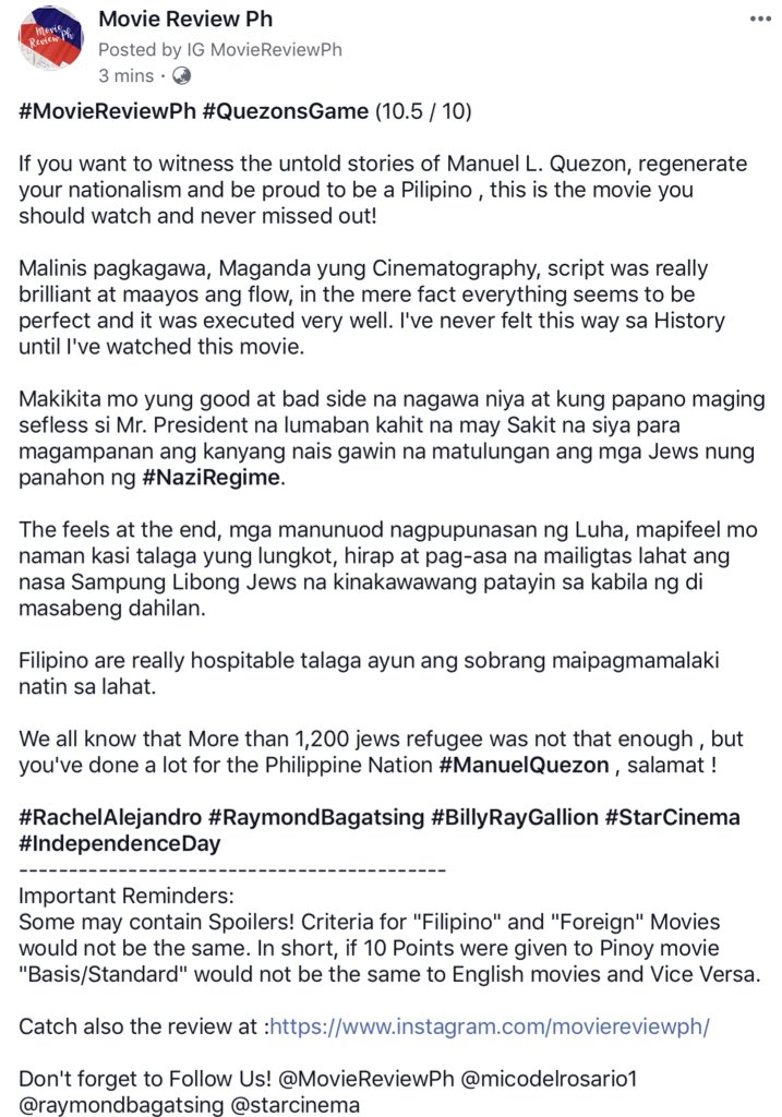 MovieReviewPh's tweet photo. #MovieReviewPh #QuezonsGame #RachelAlejandro #RaymondBagatsing #BillyRayGallion #StarCinema #IndependenceDay

Rating 10.5 / 10

Catch also the review at :https://t.co/2FEBG5wLlP

Don't forget to Follow Us! @MovieReviewPh https://t.co/daitPk3FWa