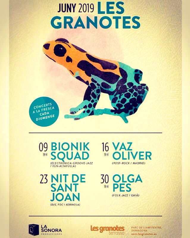 La semana que viene empieza la temporada de conciertos en Les Granotes, programación que gestionamos desde La Sonora.
Un espacio muy bonito y singular, junto al Amfiteatro Romano en Tgn.