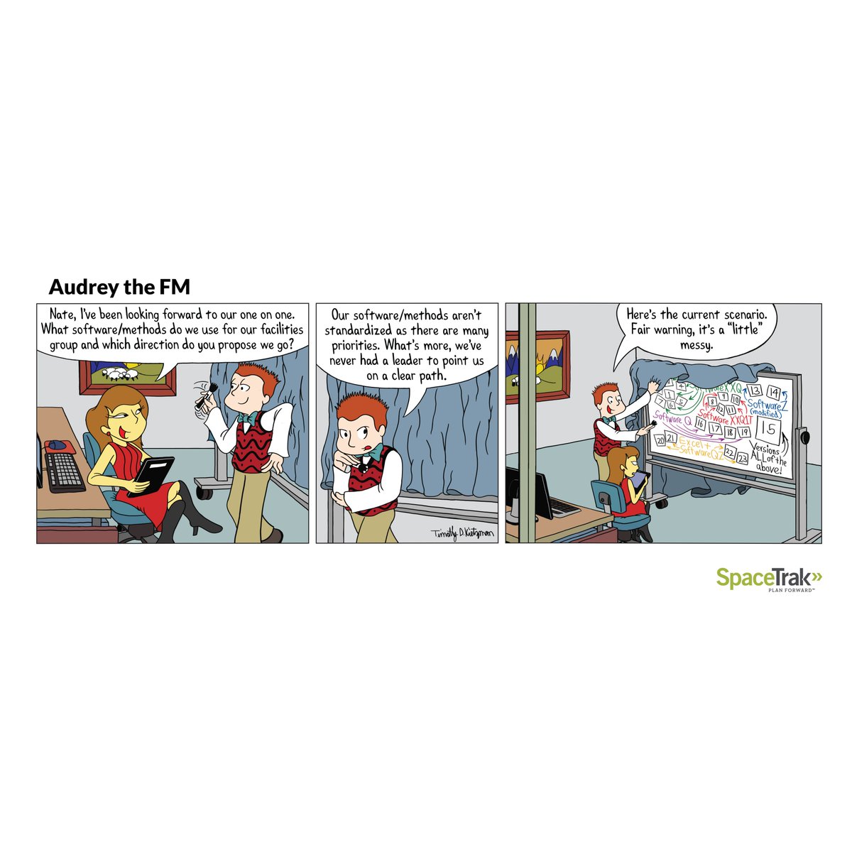 SpaceTrak's tweet photo. See the catalog of Audrey the FM Comics here - https://t.co/rVcogkQaIj

A comic highlighting the life of a Facility Manager, produced by SpaceTrak and illustrated by Timothy Keitzman. Follow along every Wednesday. #AudreyTheFM #comics #fm #facilitymanager https://t.co/mQy0sT1lZJ