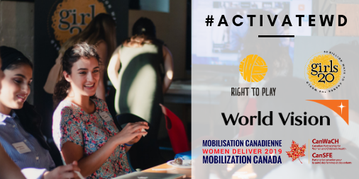 RightToPlayCAN's tweet photo. Join us, @Girls20 , and @worldvisioncan for #ActivateWD at the Canada Pavilion powered by @CanadaWD2019 &amp; @CanWaCH during @WomenDeliver 2019! The Canada Pavilion at @Steamworks will be the go-to spot for Canadian events. Register here: https://t.co/QP4cElGcOF https://t.co/AcYTIk1DCG