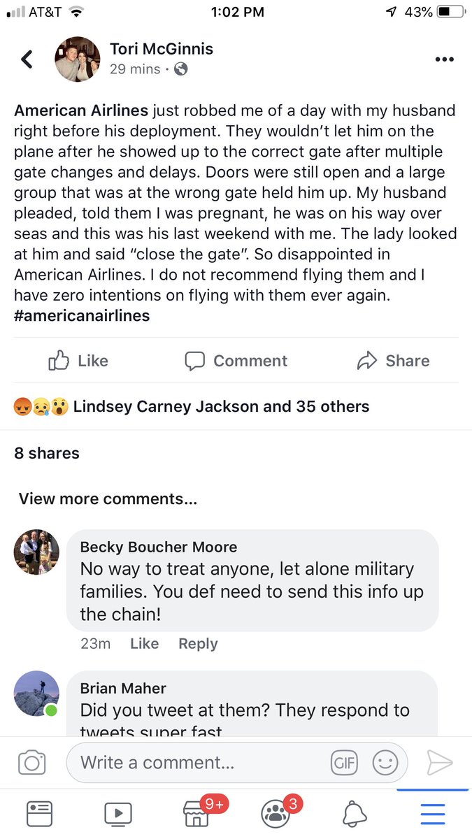 Torasorus's tweet image. @AmericanAir just robbed me of a day with my husband right before his deployment. Wouldn’t let him on the plane after multiple gate changes and delays. Doors were open, my husband pleaded, told them I was pregnant, he was on his way over seas and this was his last weekend with me