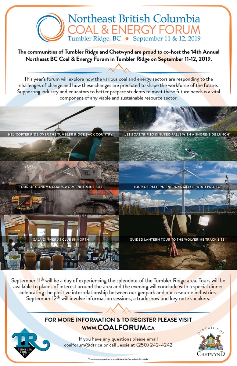 Invest__TR's tweet photo. Registration &amp; sponsorship opportunities are now open for the 14th Annual NEBC Coal &amp; Energy Forum - September 11 &amp; 12, 2019 in Tumbler Ridge! Please share with anyone that would be interested in this event! :) https://t.co/KXUFeH5WUn
Facebook: https://t.co/oB79Ec08EW https://t.co/W6p2sAPq4b