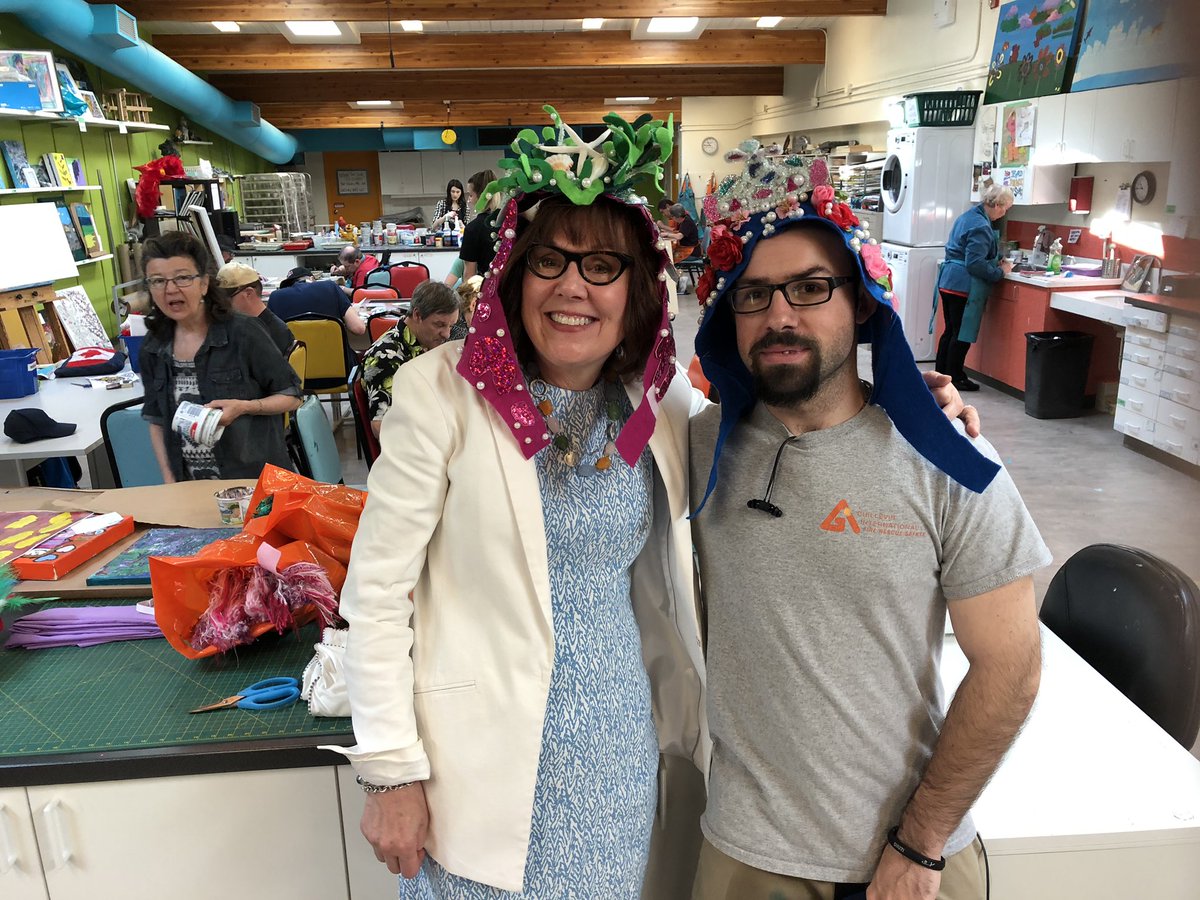 zasahuc's tweet photo. Having good fun with @IndefiniteArts  artist Austin. I’m loving the samurai mermaid hat. @atbfinancial @HollyRegel https://t.co/8abop2X34E