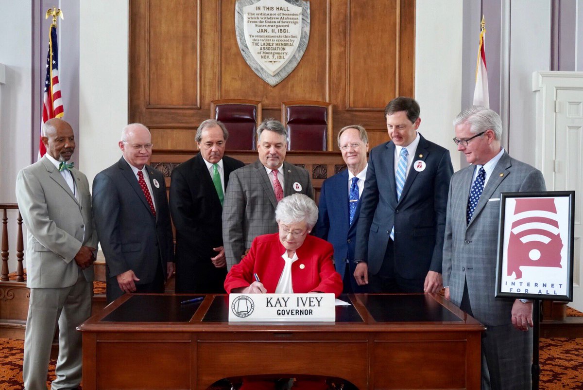 GovernorKayIvey's tweet photo. Today is an important step forward in modernizing Alabama. I’m proud to sign HB400 &amp; SB90 which will bring high-speed internet access to all areas of AL. This is a major win for rural AL, &amp; I commend the bipartisan efforts of the Legislature to make this possible. #ServingAL https://t.co/0Q6JwMoQ2h