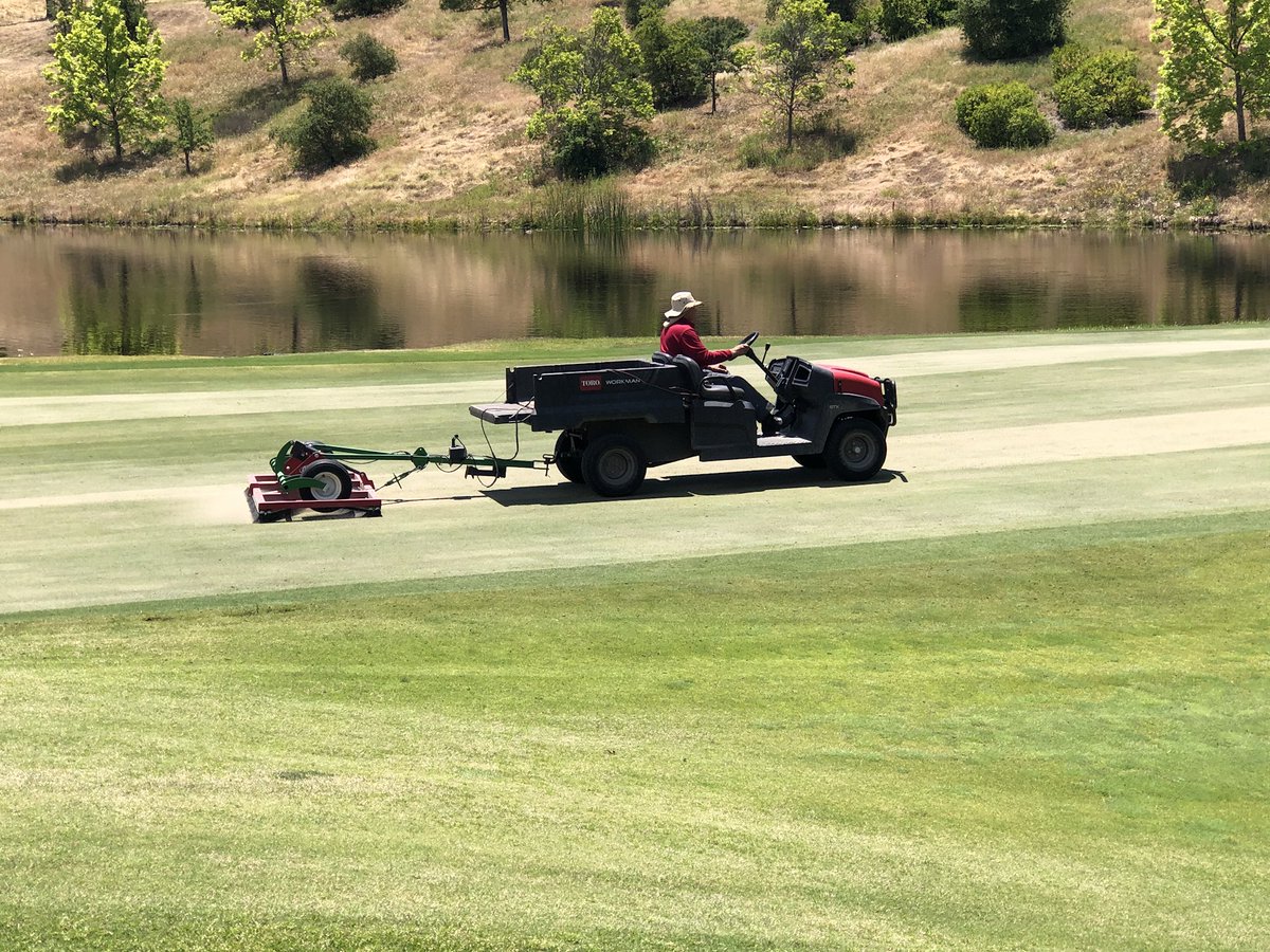 RubyAgronomy's tweet image. After a long and busy month of May we aerified greens this week. We went in with a row of Ninja tines and a second row of needle tines. Really happy with this set up and results