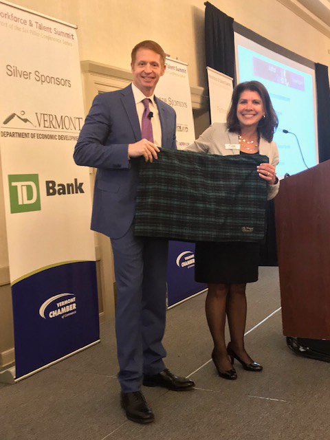 VTchamber's tweet photo. @Brooksharper discussed the power of gratitude in the workplace and we gratefully presented him with a @vermontflannel. #workforce2019 #letsgrowvt #vtpoli https://t.co/i8YbqklkNB