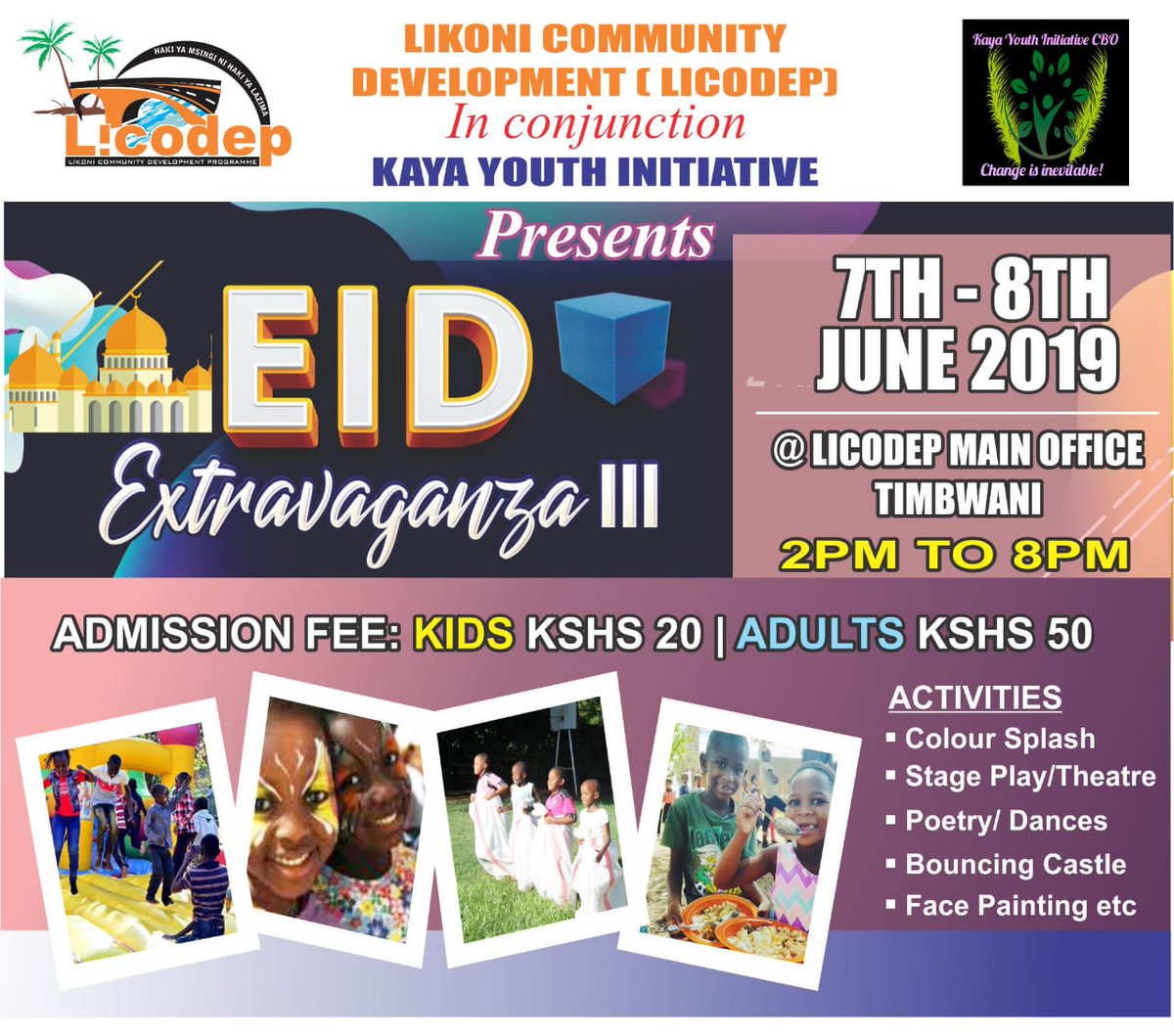 @likoniG wakishirikiana na <a href="/licodeplikoni/">Likoni Community Development Programme</a> wanakuletea IDD MUBARAK EXTRAVAGANZA itakayofanyika katika ukumbi wa LICODEP TIMBWANI. Kuanzia tarehe 7 hadi 8 Juni, 2019. Kuanzia 2pm hadi 8pm. <a href="/AliMashua/">Ali Mashua</a> <a href="/MbokoMishi/">Hon. Mishi Mboko, CBS</a> <a href="/Sadiqmwatsumba/">Mwatsumba</a>