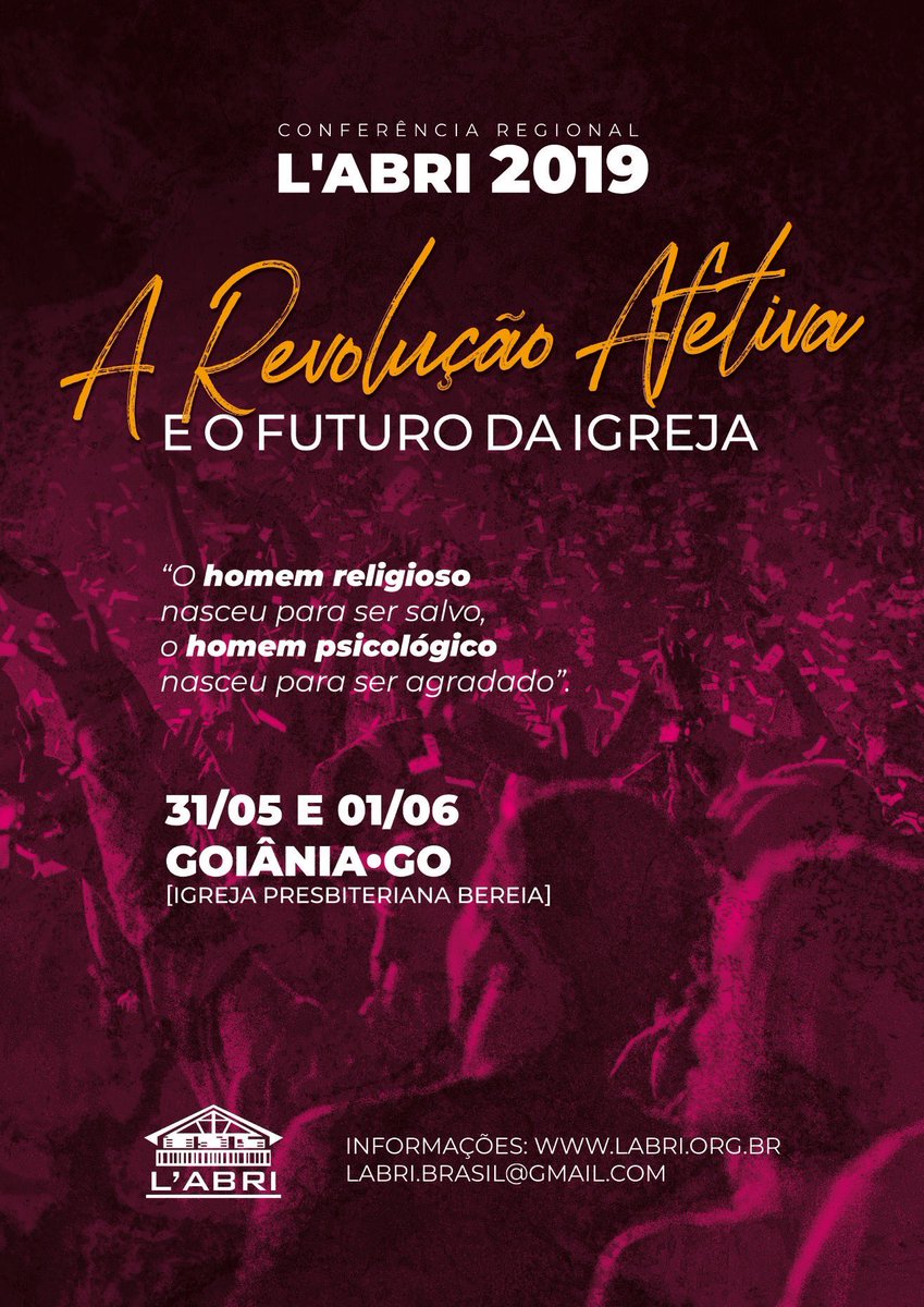 guilhermevrc's tweet photo. Atenção amigos Goianos! Nesta semana teremos em GOIÂNIA Conferência L’Abri REVOLUÇÃO AFETIVA E O FUTURO DA IGREJA!
A Presbiteriana Bereia e o amigo Pedro Pereira nos recebem nos dias 31/05 e 01/06.
Faça sua inscrição pelo SITE
#revoluçãoafetiva #labribrasil #conferencialabri https://t.co/XkmyM8Cr5K