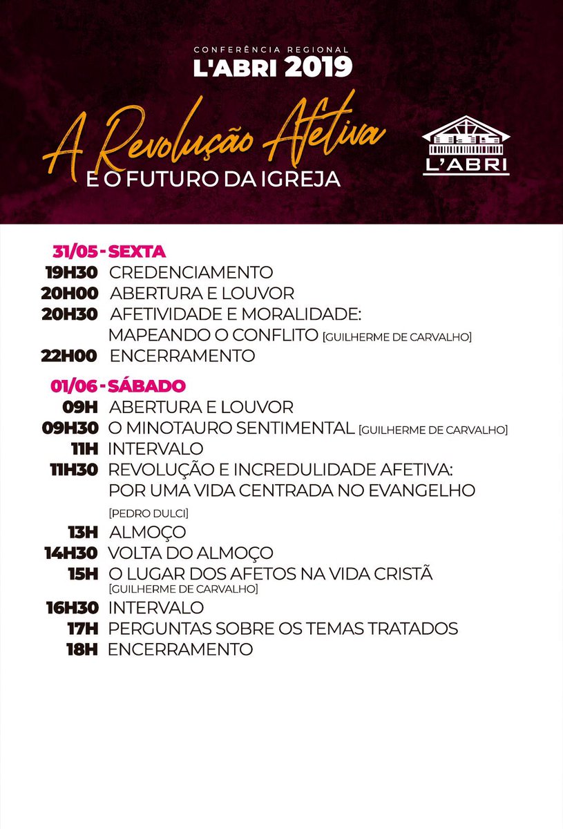 guilhermevrc's tweet photo. Atenção amigos Goianos! Nesta semana teremos em GOIÂNIA Conferência L’Abri REVOLUÇÃO AFETIVA E O FUTURO DA IGREJA!
A Presbiteriana Bereia e o amigo Pedro Pereira nos recebem nos dias 31/05 e 01/06.
Faça sua inscrição pelo SITE
#revoluçãoafetiva #labribrasil #conferencialabri https://t.co/XkmyM8Cr5K