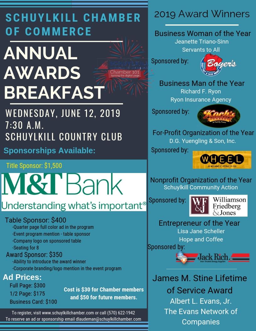 Help us honor this year's very deserving award winners!
Register now ---> bit.ly/2JlIOnW
#SchuylkillChamberofCommerce