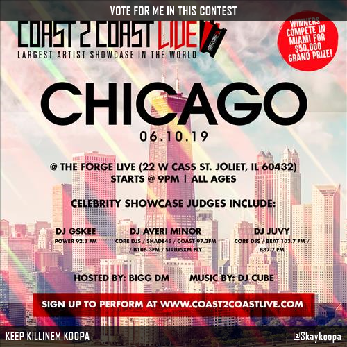 Vote for me to perform for $50K Grand Prize at #Chicago All Ages Edition 6/10/19! https://t.co/RBexRyIAeP #Coast2Coast https://t.co/WULuJHlez3