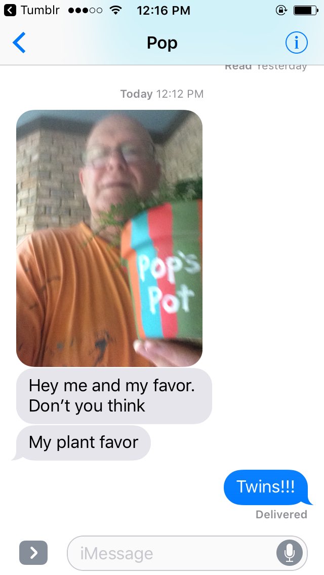 EmmaCounce's tweet photo. Yesterday was pop's birthday, and I gave him this plant in a painted pot. Today I received what I believe to be his first selfie. https://t.co/InCajUTZD8