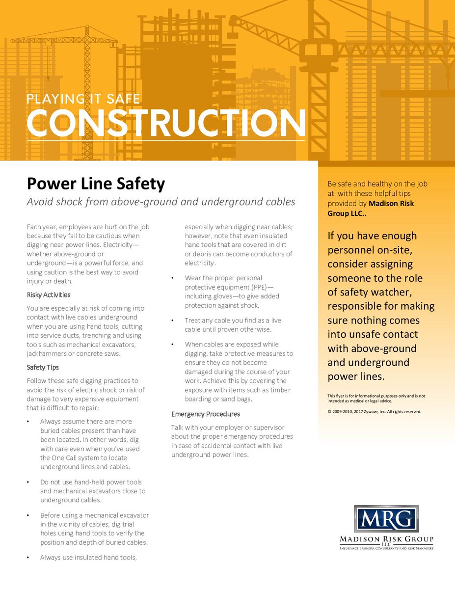 RiskMadison's tweet image. Each year, employees are hurt on the job because they fail to be cautious when digging near power Iines. Electricity, whether above-ground or underground, is a powerful force, and using caution is the best way to avoid injury or death...Tips outlined below! #insurance