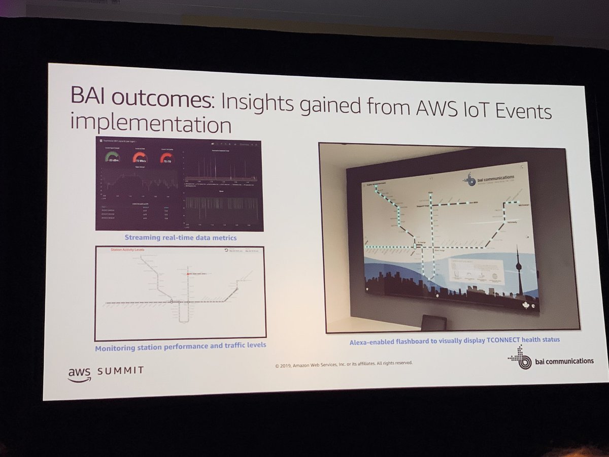 AWSonAir's tweet photo. How is @baicomms using IoT Events data?
👀 Monitoring station performance &amp; traffic levels
📈 Streaming real-time metrics
💡 An Alexa enabled flash board to visually display health status
#AWSSummit Chicago https://t.co/l1d7YrJM9U
