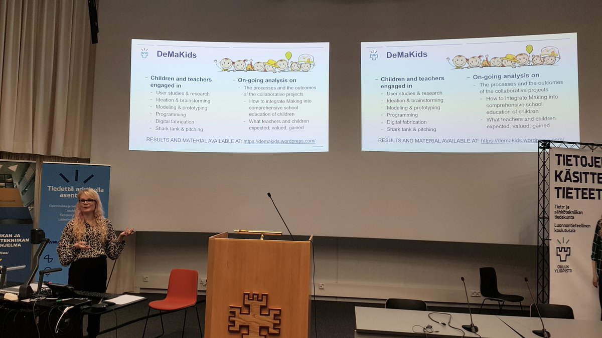 HeidiHannele's tweet photo. Steam and Making in Oulu Seminar 28.5: experiences from research. Netta Iivari from @INTERACTrg presenting #DeMaKids project, Iván Sánchez Milara from #fablaboulu presenting #steaminoulu, and Hanne Voldborg Andersen from Aalborg University presenting #fablabatschooldk https://t.co/4ajbxo9DcV