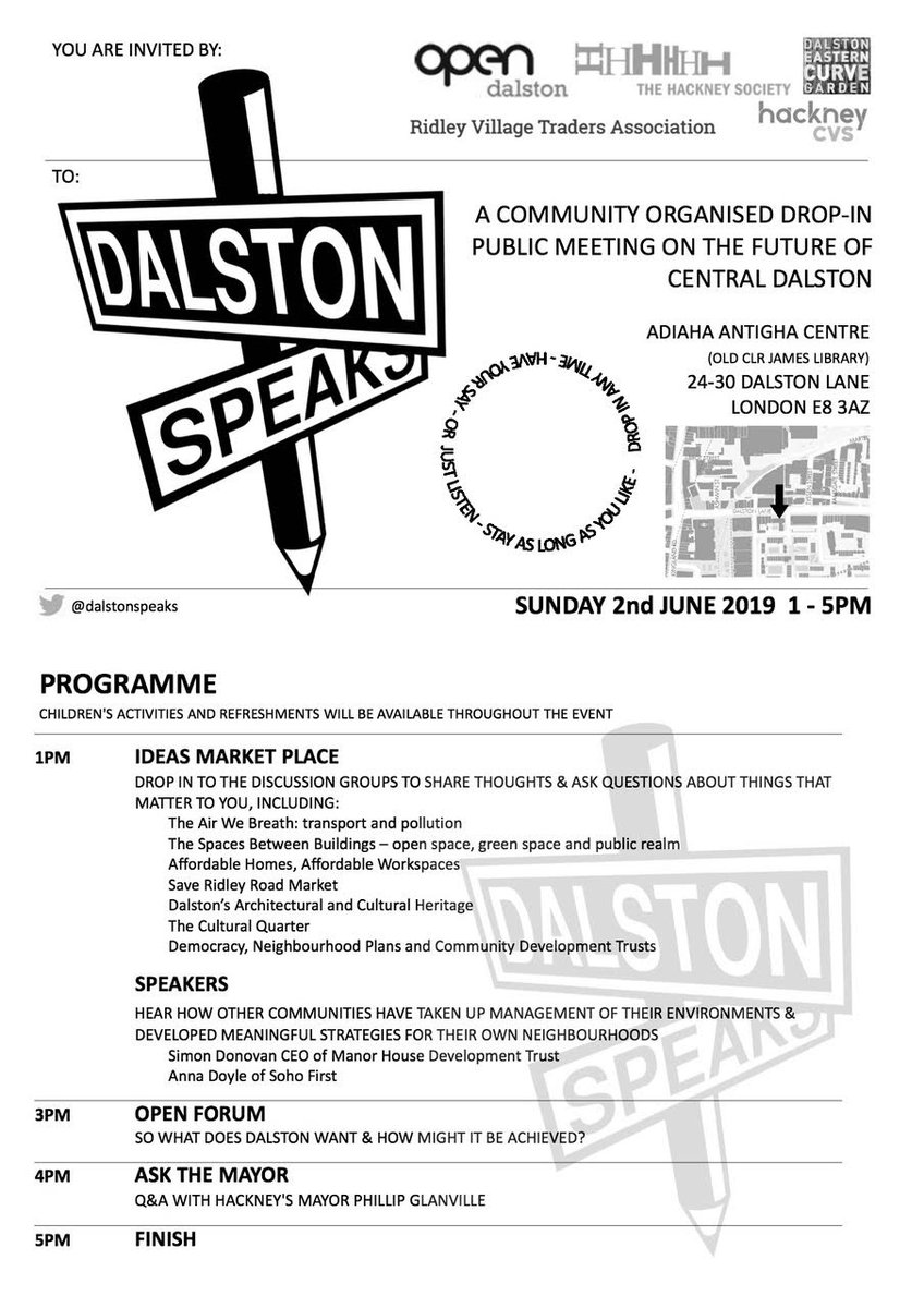 Want to join in a Q &amp; A on 2 June with <a href="/mayorofhackney/">Mayor of Hackney</a> about the future of #Dalston?Join residents, businesses <a href="/OPENDalston/">OPEN Dalston</a> <a href="/SaveRidleyRoad/">SaveRidleyRoad</a> <a href="/HackneySociety/">The Hackney Society</a> <a href="/hackneycvs/">Hackney CVS</a> &amp; others at the community organised <a href="/dalstonspeaks/">Dalston Speaks</a> event, 1-5pm, Adiaha Antigha Centre, 24 Dalston Lane, E8 3AZ