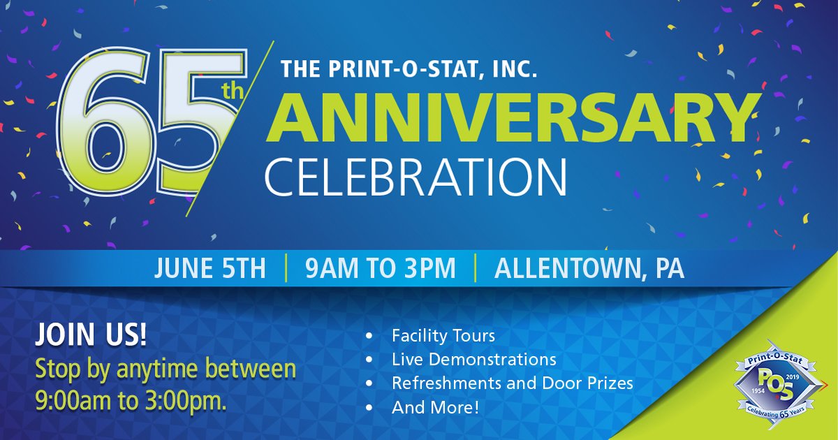 PrintOStatInc's tweet photo. Our Anniversary Celebration in #Allentown is right around the corner and we’re excited to welcome so many customers that have already signed up to attend. Don’t miss out! RSVP today: https://t.co/w1Tadme38g
#65YearsOfPrintOStat #business #events #marketing https://t.co/QTrdhQgqRV