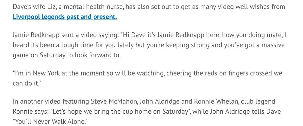 Stan Collymore (@stancollymore) on Twitter photo Dear <a href="/LFC/">Liverpool FC</a>
I have a little favour, if I may....
Dave Evans is a Red from Coventry. He has terminal cancer and is holding on, very poorly to see the Final at home.
One message from one of the boys will energise him beyond words.
Let him know he’ll never walk alone. Dear <a href="/LFC/">Liverpool FC</a>
I have a little favour, if I may....
Dave Evans is a Red from Coventry. He has terminal cancer and is holding on, very poorly to see the Final at home.
One message from one of the boys will energise him beyond words.
Let him know he’ll never walk alone.