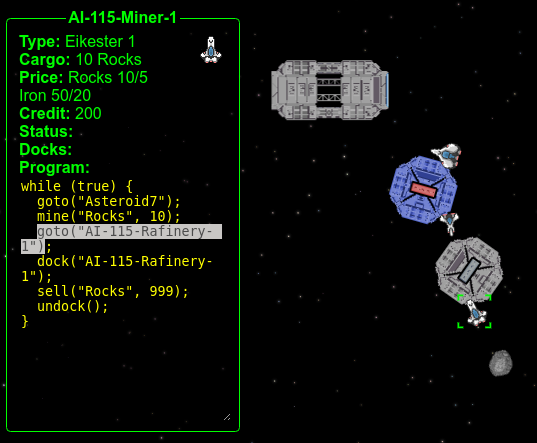 dusan_halicky's tweet photo. I made first very primitive AI. It is mining rocks, moving them to refinery to make iron, moving iron to steel mill to produce steel, then finally moving steel to shipyard to make ships (tbd). #spacesim #gamedev #notgif #ai https://t.co/MRjCkrtyTR
