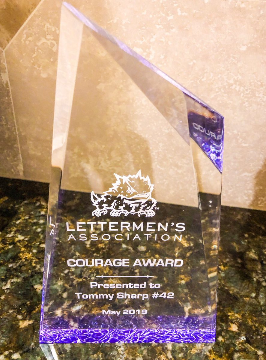johndentonTCU's tweet photo. Honored to be able to present @TCULettermen Courage Award today to former Frog Safety #42 Tommy Sharp. Great to have former teammates #91 Kent Tramel, #98 Billy Tommaney, #87 Mike Hebert and Coach Tim Teykl alongside. Congrats, Tommy! https://t.co/XANL5EpRa0