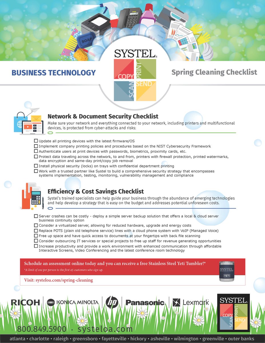 SystelCopiers's tweet photo. Does your Business Technology need a little "Spring Cleaning" just in time for summer? If so, Systel Business Equipment is here to assist you! Contact us to schedule your free assessment, and you could receive a free Yeti tumbler, too... It's easy! Visit: https://t.co/2RigqAKVfC https://t.co/Q0edgOjuYJ