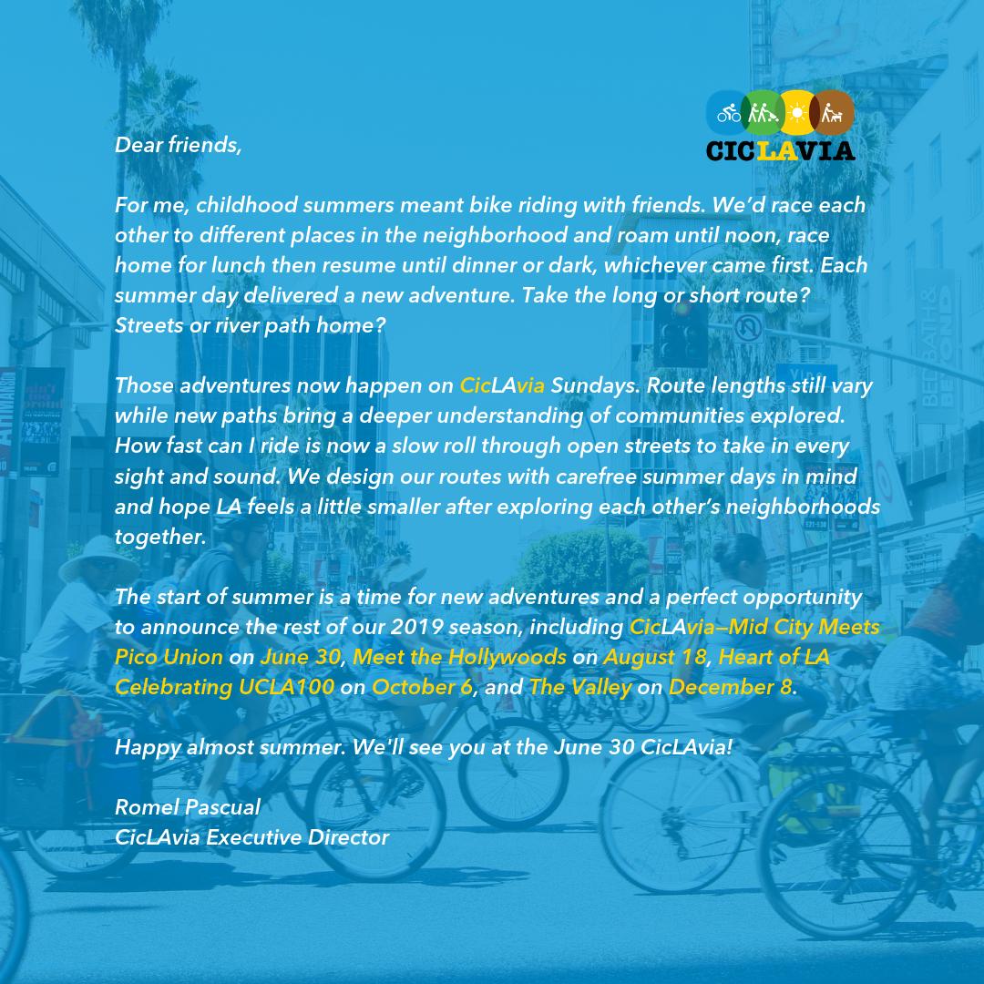 CicLAvia's tweet photo. Mark your calendars! We’re thrilled to announce the rest of #CicLAvia’s 2019 season: https://t.co/MhTJ7LkELM https://t.co/zT7PiI19FE