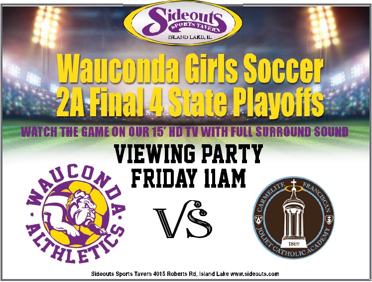 Thank you <a href="/SideoutsBar/">Sideouts Sports Tavern</a> for supporting <a href="/WaucondaGSoccer/">WHS Girls Soccer</a>