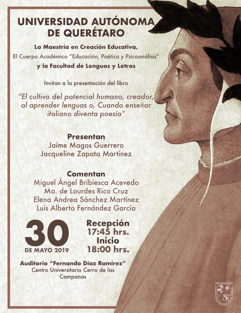 AutonomaRadio's tweet photo. @AutonomaRadio Invita hoy  30 de mayo a las 17:45 hrs. a presentación del libro "El cultivo del potencial humano, creador, al aprender lenguas ó Cuando enseñar italiano diventa poesía"
Por la Dra. Jackeline Zapata y el Dr.  Jaime Magos Guerrero.
Auditorio "Fernando Díaz Ramírez" https://t.co/ZDrYaseeIO