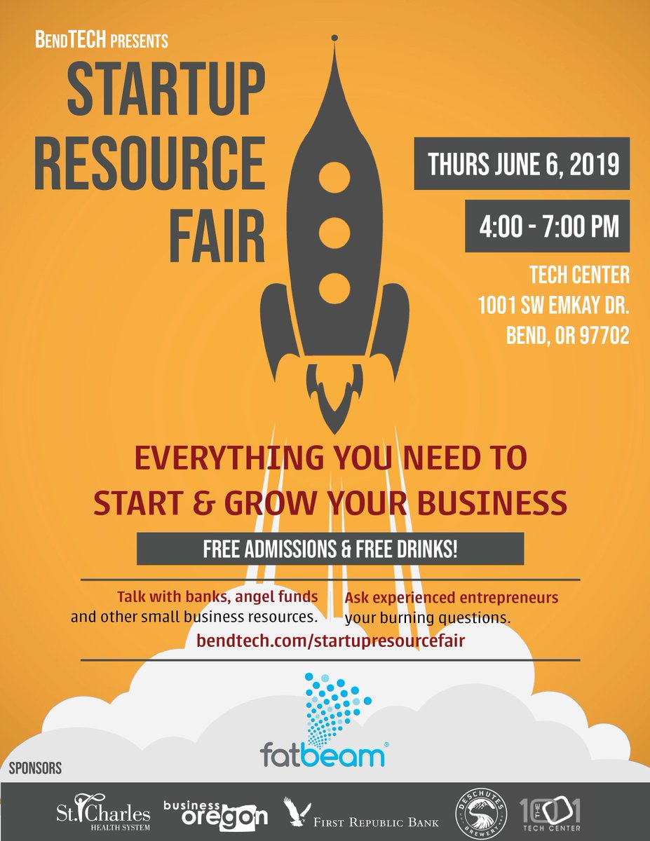 The third annual Startup Resource Fair is coming 6/6. Join us at <a href="/bendtech/">BendTECH Coworking</a> and connect with everything you need to start your biz (plus drinks, food, and fun people). Huge thanks to <a href="/FatbeamLLC/">Fatbeam Fiber</a> as the primary supporter of this awesome event!