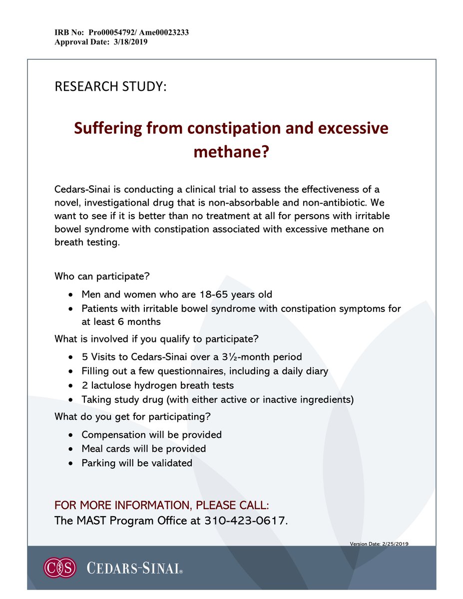 MASTprogram's tweet image. Suffering from IBS-C? We are currently enrolling volunteers for the research study below. If you&apos;re interested, please call the MAST Program Office at the number indicated in the flyer. #IBS