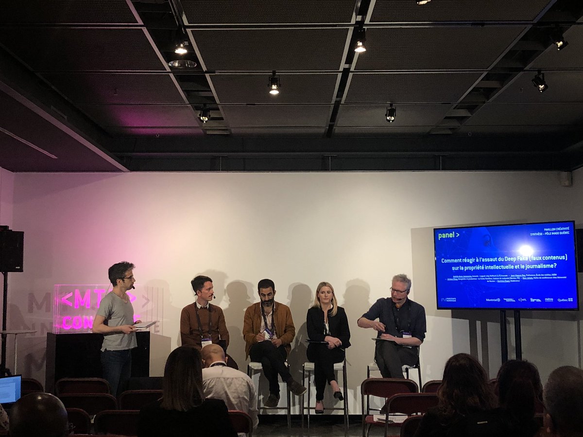 PN_MTL's tweet photo. ⚡️<MTL> Connecte ⚡️

Nous assistons à un panel passionnant sur la manière de réagir face à l’assaut du #DeepFake sur la propriété intellectuelle et le journalisme avec @Andrée-Anne Jeansonne, @jfihey, @marc_jahjah, @jeanhuguesroy et enfin @MatthieuDugal. 
#MTLconnecte #creativity https://t.co/Op4NQzbGSh