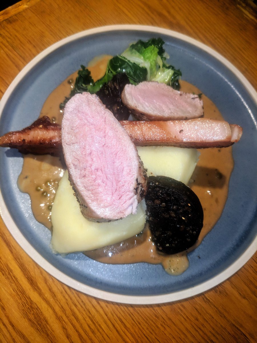 Our favourite styles of pork all on one plate-fillet, pancetta, black pudding along with the best peppercorn sauce you'll ever taste!