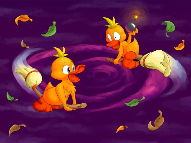 Lanschi and an evil clone circle each other on flying brooms.