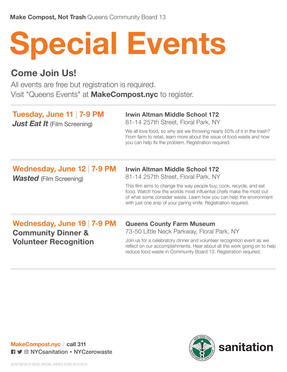 DavidWeprin's tweet image. If you would like to learn how to #MakeCompostNotTrash with @NYCSanitation check out the new screening date for the documentary on food waste Just East It on June 11th. Find more free community events and register at: makecompost.nyc/queens