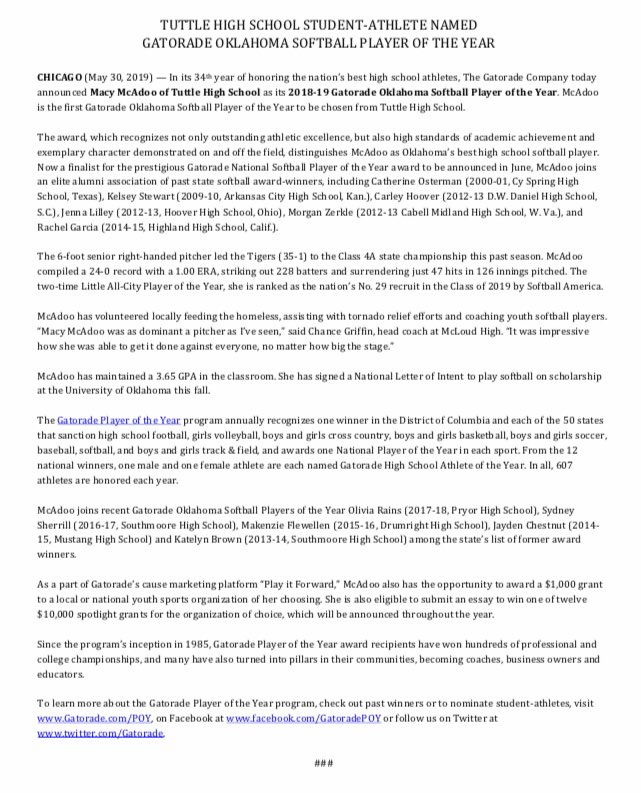 Skordle App (@skordle) on Twitter photo Congrats to <a href="/macymcadoo13/">macy</a> on being this year’s <a href="/Gatorade/">Gatorade</a> softball player of the year in Oklahoma. #okpreps <a href="/TuttleSoftball/">TuttleSoftball</a> <a href="/TheTuttleTigers/">Tuttle Tigers</a> Congrats to <a href="/macymcadoo13/">macy</a> on being this year’s <a href="/Gatorade/">Gatorade</a> softball player of the year in Oklahoma. #okpreps <a href="/TuttleSoftball/">TuttleSoftball</a> <a href="/TheTuttleTigers/">Tuttle Tigers</a>