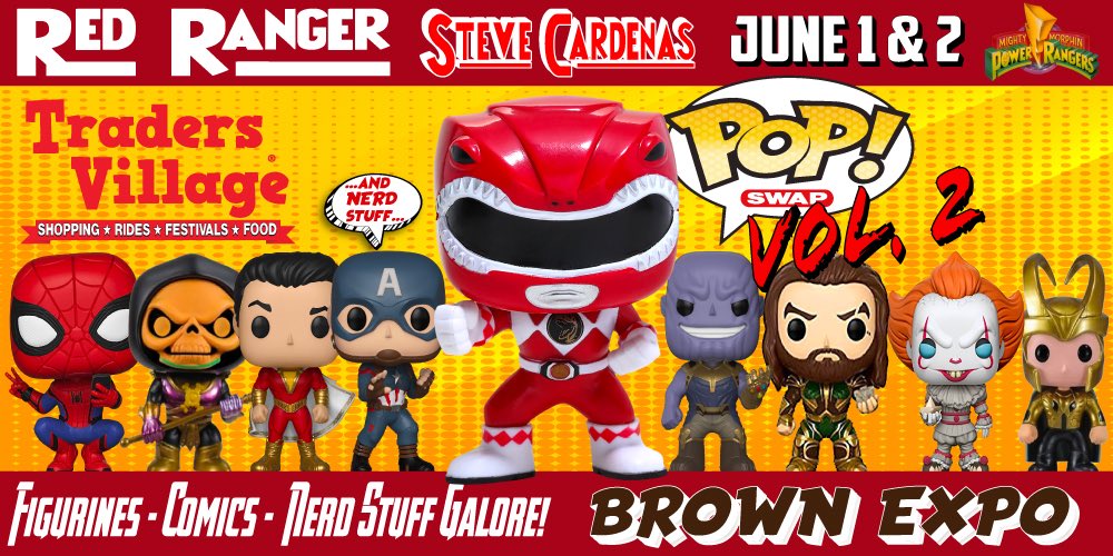 Traders_Village's tweet photo. Steve Cardenas @SteveCardenasPR (SA Native) will be at the POP Swap &amp; Nerd Stuff VOL. 2 event Sat &amp; Sun in SA. Steve’s best known as Rocky the Red Ranger &amp; Blue Zeo Ranger from Power Rangers.  Try Red Rngr Funnel Cakes #MightyMorphinPowerRangers #funkopops #PowerRangers #Morphup https://t.co/gRL3Xw2OIh